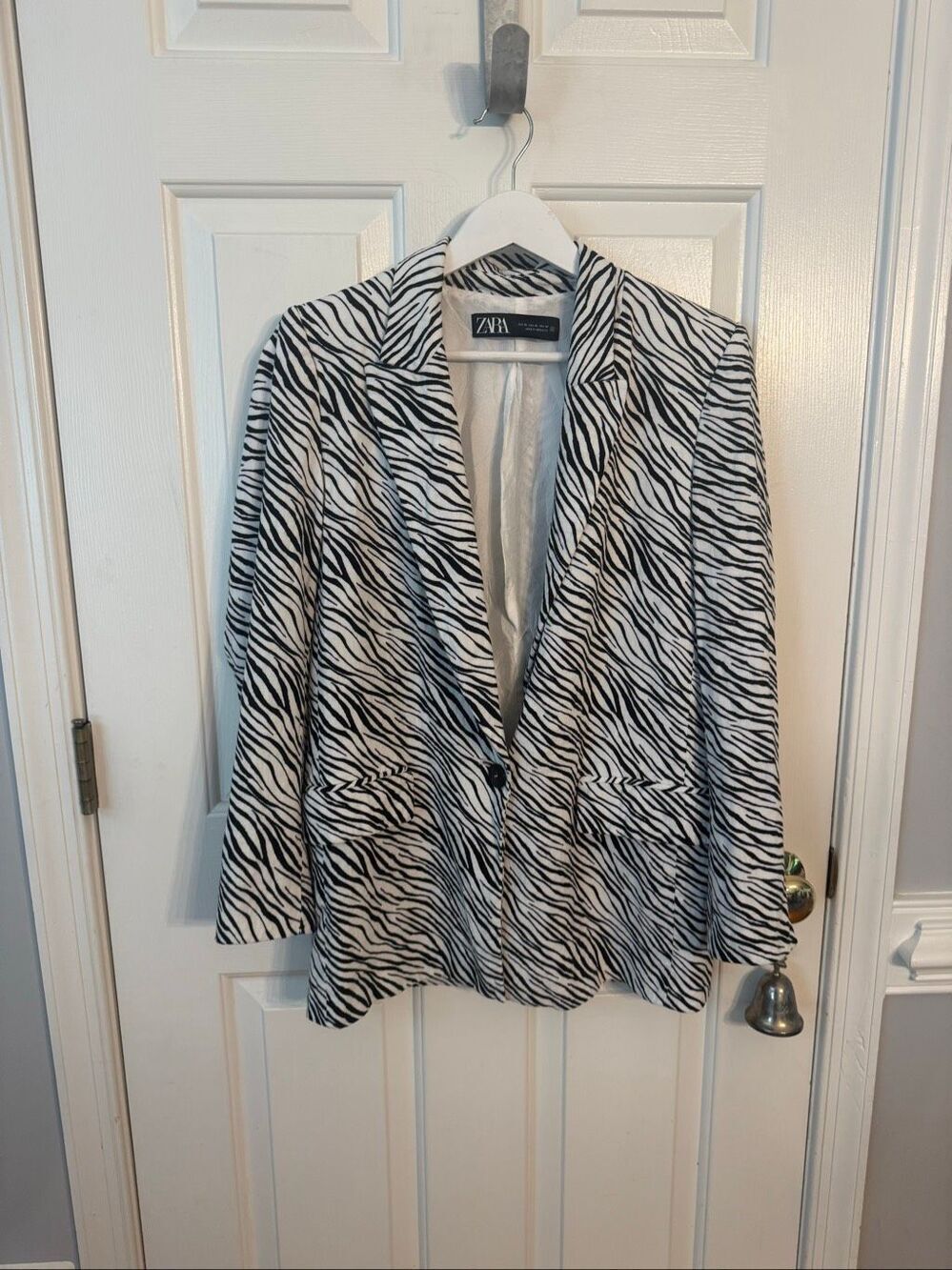 Zara Black & White Linen Zebra Print Blazer Jacket sz XS